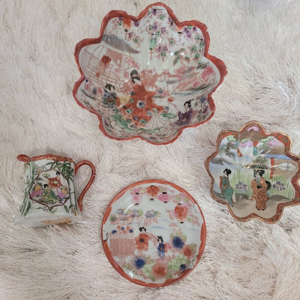 Vintage Japan Porcelain Bowls Plate Creamer 4-Pc Set Geisha Scallop Hand Painted